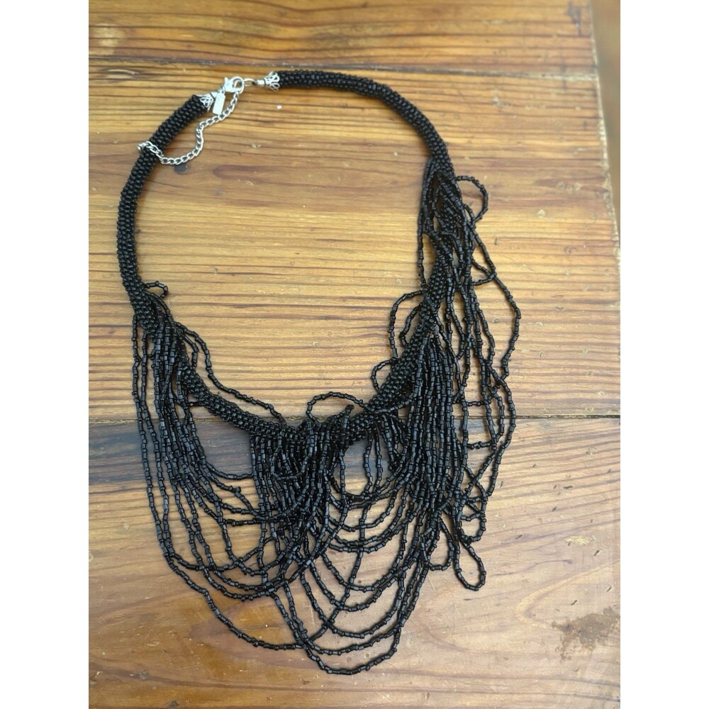 Vintage Black Seed Bead Art Deco Multi Strand Necklace 19” Signed Lara